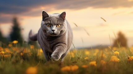 cat, Chartreux running on a grass