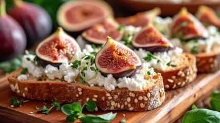  a wooden cutting board topped with slices of bread covered in cheese and figs and garnished with fresh herbs.