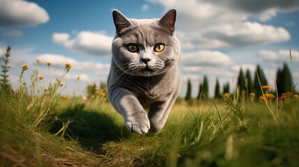 cat, Chartreux running on a grass