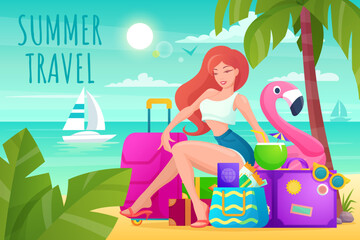 Beautiful woman sitting on suitcases on the beach. Young woman relaxing on summer vacation. Vector illustration