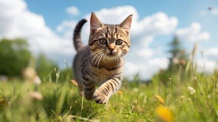 cat, Domestic Shorthair running on a grass