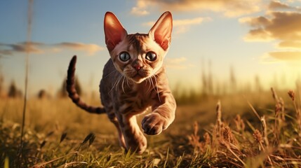 cat, Devon Rex running on a grass