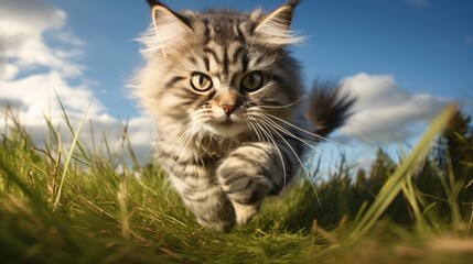 Naklejka na ściany i meble cat, Ojos Azules running on a grass