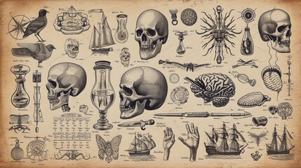 An assortment of illustrations depicting old science, such as chemistry, phrenology, and medicine.