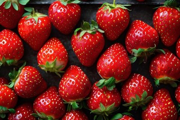 a group of strawberries on a black surface