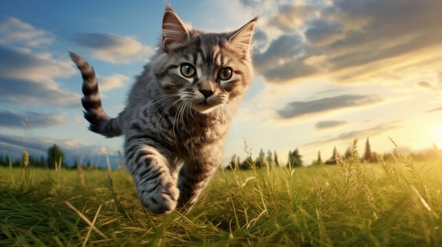 cat, Minskin running on a grass