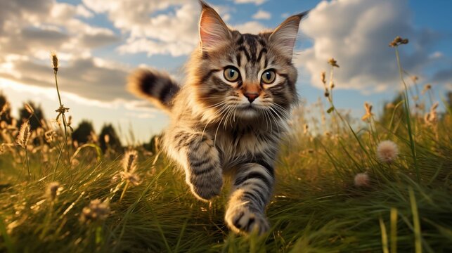 cat, Minskin running on a grass