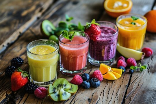 a group of glasses with different colored drinks on a wooden surface