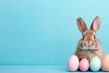 Easter bunny rabbit with colorful eggs on blue background with copy space. Easter holiday concept.