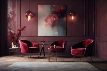 Living room is empty. fashionable tables and a large red burgundy chair. accent chair in maroon and a light gray wall. Art space in the void