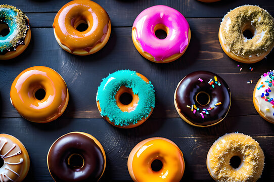 Brightly colored appetizing dounuts on wooden background top view