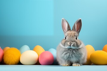 Fototapeta na wymiar Easter bunny rabbit with colorful eggs on blue background with copy space. Easter holiday concept.