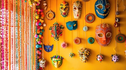 a group of colorful masks on a wall - obrazy, fototapety, plakaty