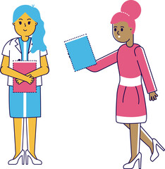 Two women exchanging a document, one in a lab coat, the other in a pink dress. Professional business interaction, collaboration scene. Vector illustration