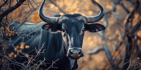 a black cow with horns - obrazy, fototapety, plakaty