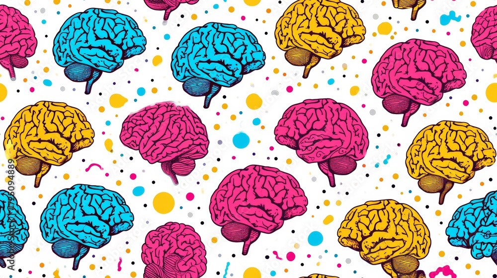 Poster a pattern of colorful brain patterns on a white background, ai