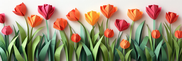 Paper origami tulips on white background. Banner illustration.