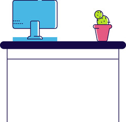 Workspace desk with computer monitor and potted cactus. Office setup, modern work desktop design vector illustration.