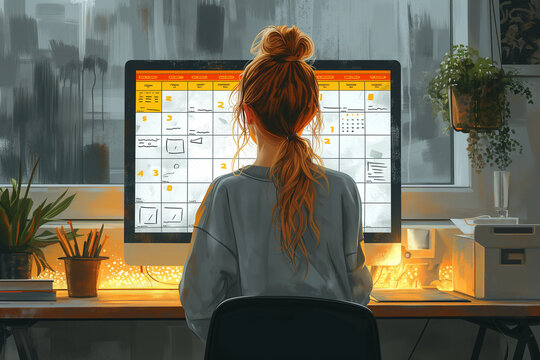 Dessin d'une femme freelance, travailleur indépendant ou salariée en train de regarder son agenda de la semaine, tâches à réaliser