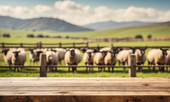 Empty wooden table for product display with blurry sheep farming background