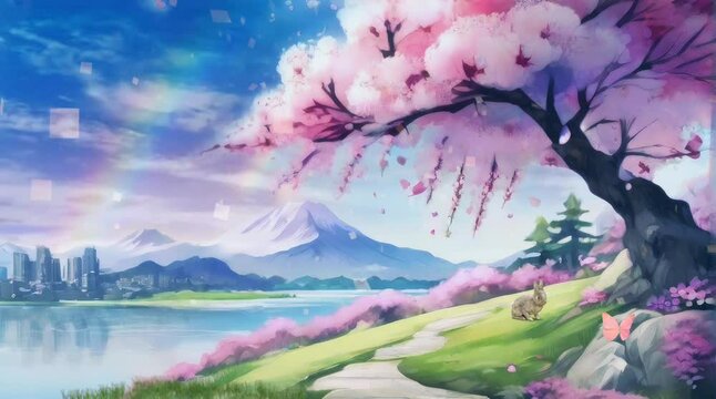 Beautiful fantasy spring natural landscape and cherry blossom tree animation background in Japanese anime watercolor painting illustration . Loop animation