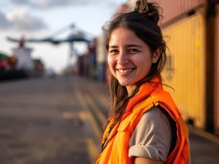 a woman wearing an orange life vest