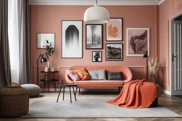 Monochrome flat room with one frame gallery wall in an orange pinkish tone that is barren and devoid of furnishings