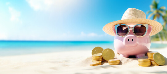 Piggy Bank Wearing Sunglasses and Hat Surrounded by Coins on Tropical Beach Vacation Banner