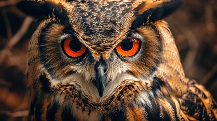 an owl with orange eyes - obrazy, fototapety, plakaty