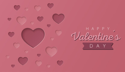 Happy Valentine's day wallpaper or banner with hearts. Beautiful paper cut heart frame on rose background. Vector illustration for cosmetic product display, valentine day festival design, presentation