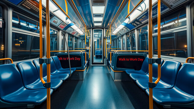 Empty City Bus Interior At Night With Bright Blue Seats And "Walk To Work Day" Advertisements.