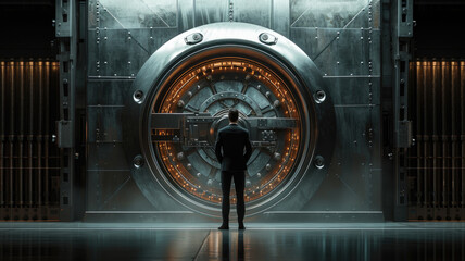 The banker stands in front of the iron door of the vault. Bank vault room. High level locking mechanism. - obrazy, fototapety, plakaty
