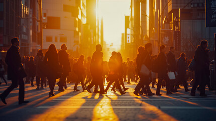 Busy Pedestrians Crossing In Warm Sunset Light, Casting Long Shadows On The Urban Roadway.