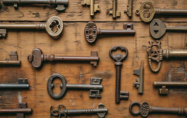 Obraz premium Assortment of Antique Keys on Rustic Wood