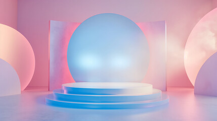 Circular podium as a mockup for product presentation in bright pastel colors, minimalist style