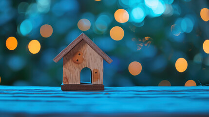 Obraz na płótnie Canvas Wooden House Model with Illuminated Windows on Bokeh Background