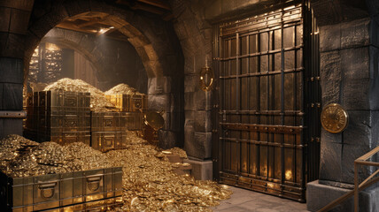 A huge storage of gold in a bank with an iron door.