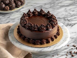 a chocolate cake on a marble plate