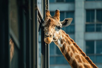 a giraffe leaning on a window