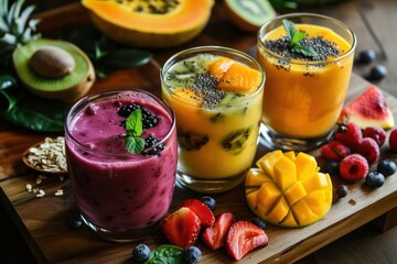 a group of glasses of fruit juice and fruit slices on a wooden surface