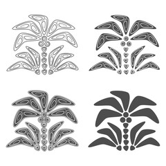Abstract vector illustration with tropical palm tree. Black and white isolated objects in polynesia style on white background.