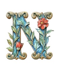 a blue and gold decorated letter n