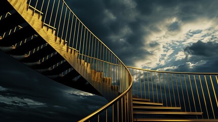 a spiral staircase with railings and a cloudy sky