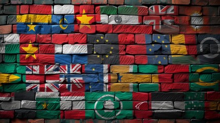 coloured backdrop of an old brick wall featuring the flags of several nations united together