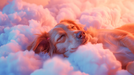 Cute dog in beautiful clouds with its eyes closed as a dreaming dog or a dog heaven concept