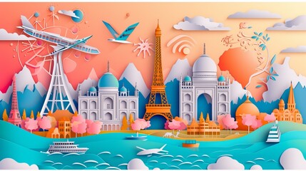 Cartoon with Landmarks of the world for travel. Vector illustration.