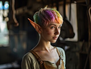 a woman with colorful hair and pointy ears