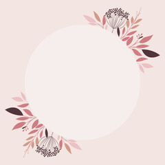 Ramka - szablon zaproszenia ślubnego. Elegancka kartka z dekoracją botaniczną w odcieniach różu, z ciemnym brązowym akcentem. Kwiatowy wzór z liśćmi i gałązkami.