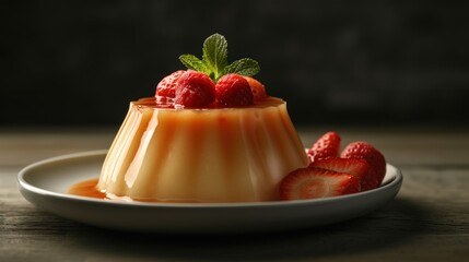  a white plate topped with a dessert covered in syrup and topped with strawberries on top of a wooden table.