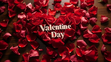 Background picture of a wooden board with the words "Valentine Day" and red rose petals on it
